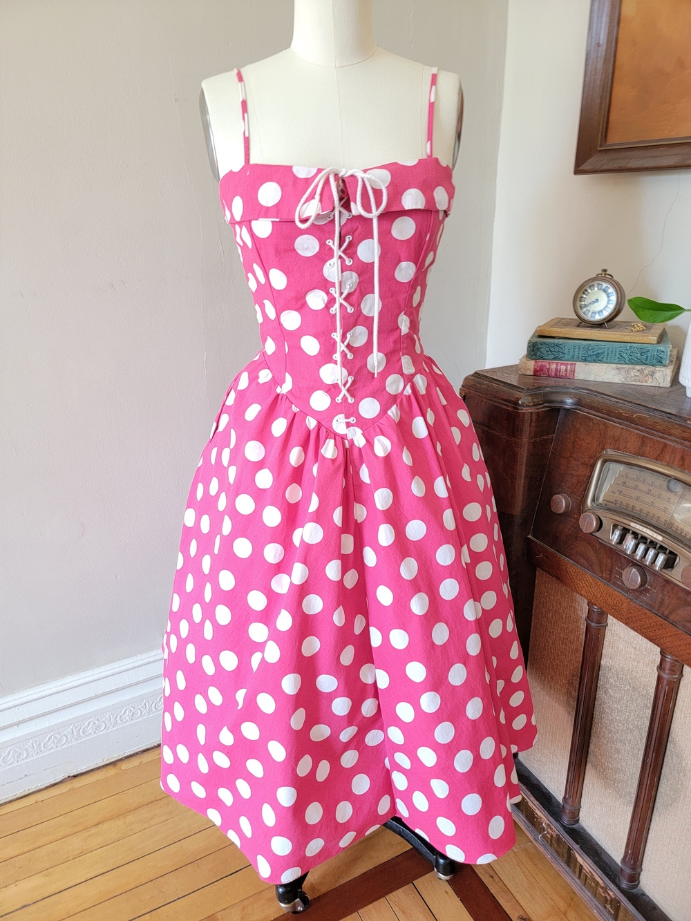 Vintage 80's Pink White Polka Dot Fit Flare Corset Dress Large XL